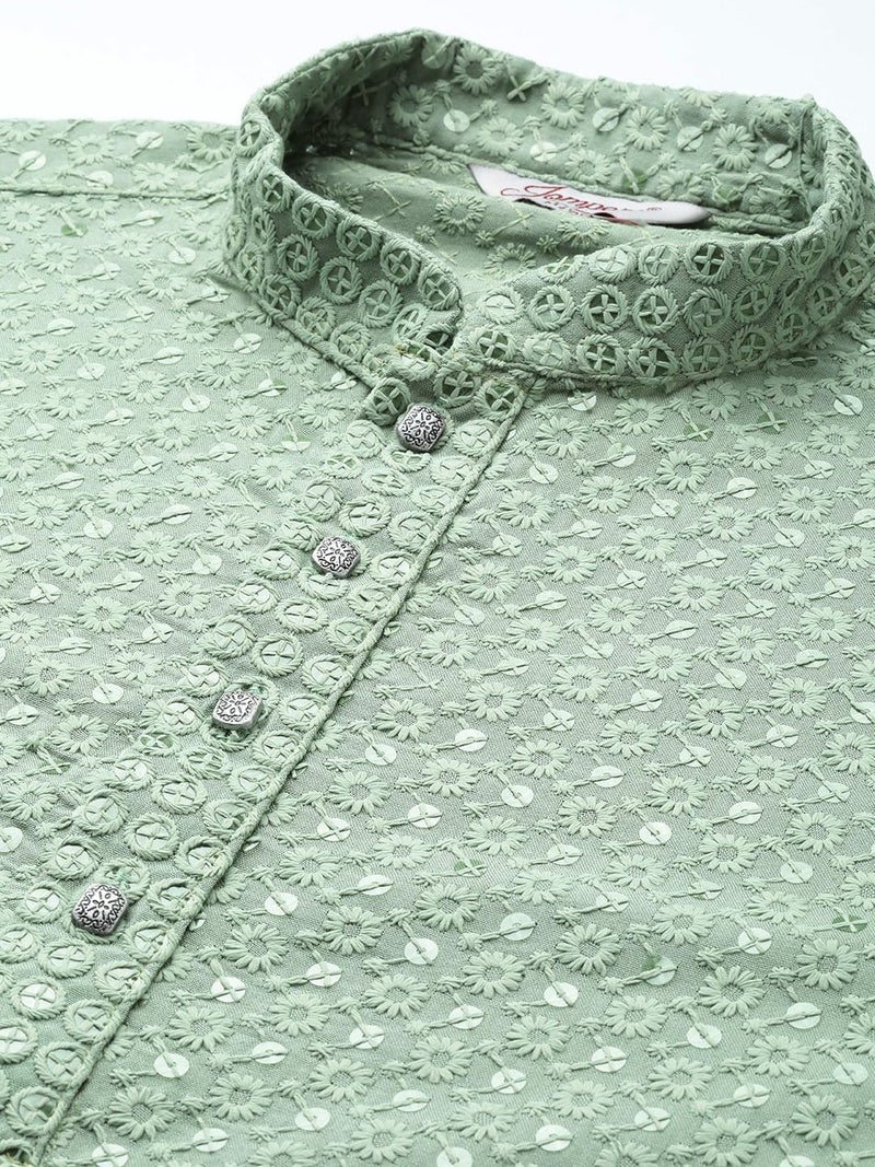 Jompers Men's Chikankari Embroidered and Sequence Kurtas (Pista, S) - Image 5