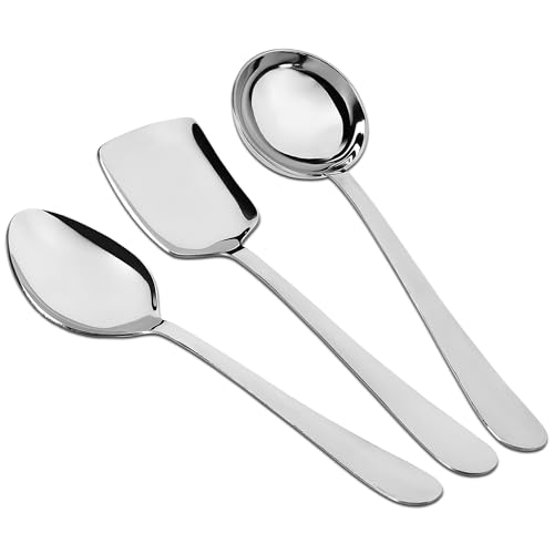 Parage 3 Pieces Stainless Steel Serving Spoons Set for Dining Table/Kitchen, 1.8 mm Heavy Gauge (1 Soup Ladle (Karchi), 1 Solid Spoon (Chamcha), 1 Rice Spoon), Silver (Pack of 3) - Image 1