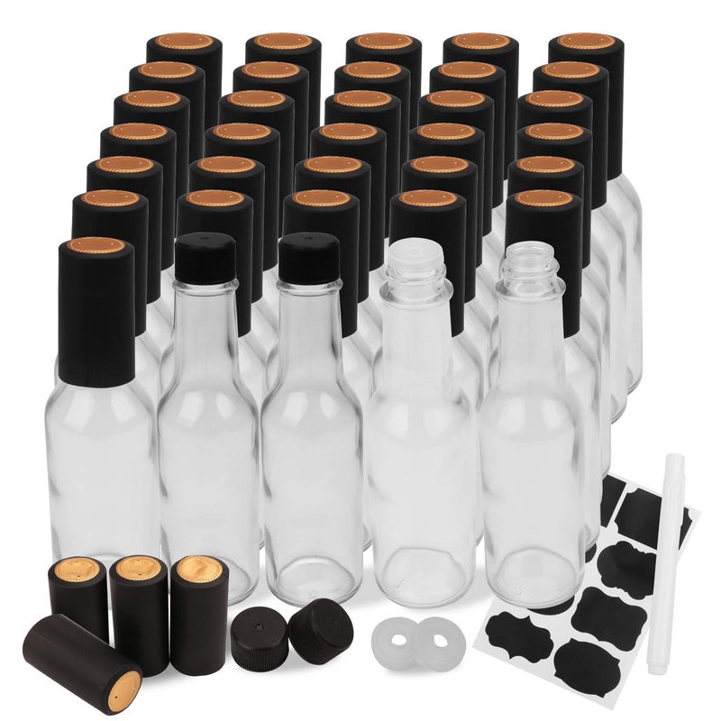 Encheng 35 Pack 5oz Hot Sauce Bottles with Lids,Glass Woozy Bottles with Dripper Inserts and Shrink Capsules,Small Glass Wine Bottle for Homemade Sauces,Oils,Vanilla Extracts,Dressings,Gifting - Image 1