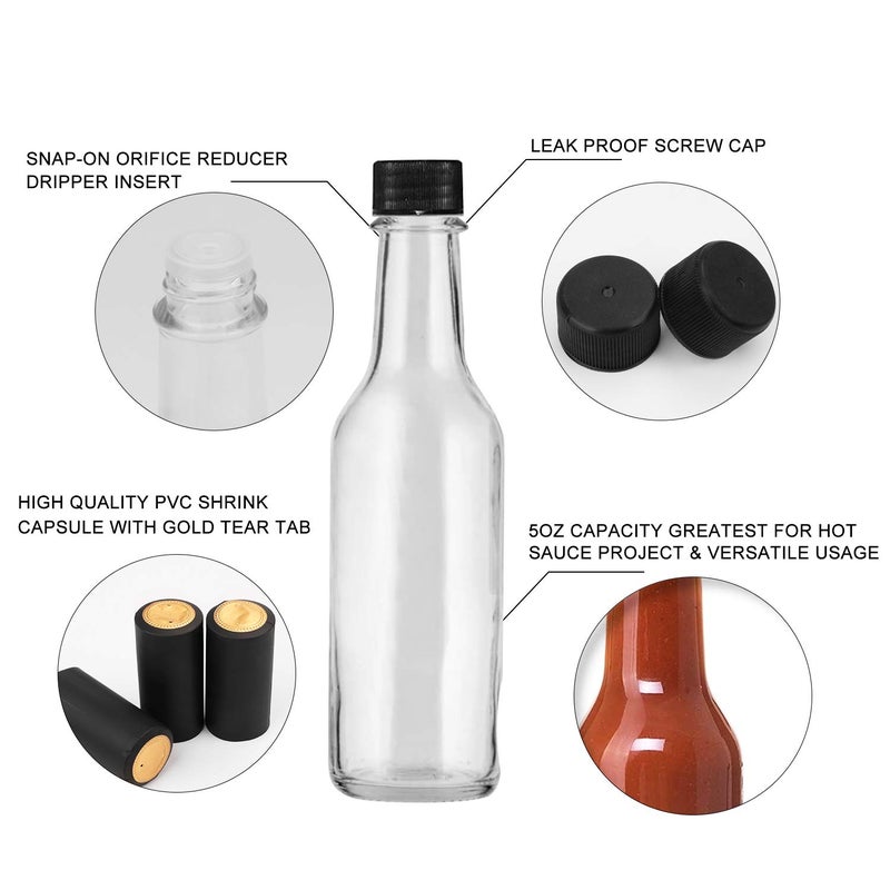 Encheng 35 Pack 5oz Hot Sauce Bottles with Lids,Glass Woozy Bottles with Dripper Inserts and Shrink Capsules,Small Glass Wine Bottle for Homemade Sauces,Oils,Vanilla Extracts,Dressings,Gifting - Image 3