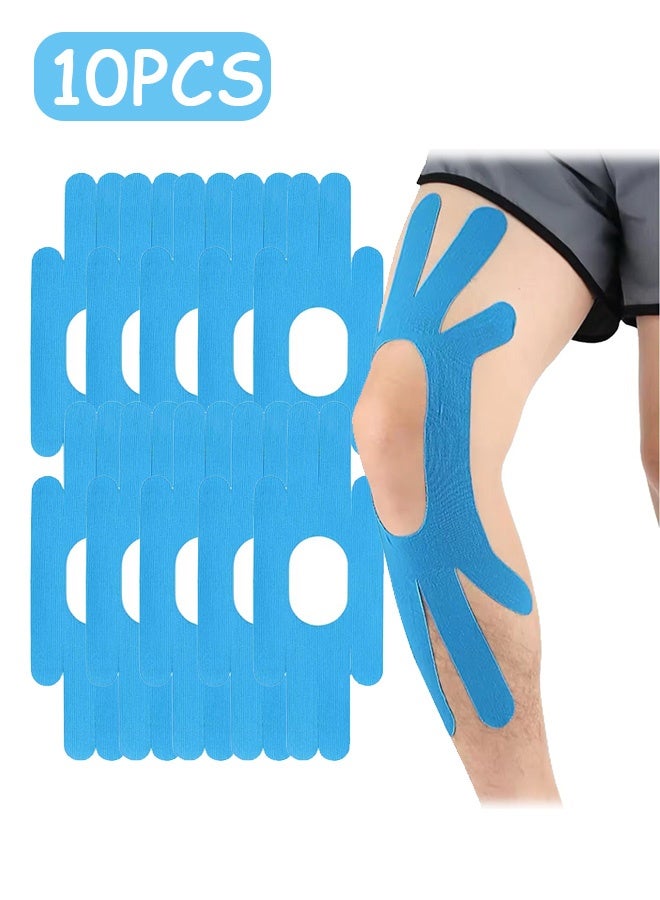 MXN 10 Pcs Precut Kinesiology Tape for Knees - Knee Support & Stability Knee Pain Relief Athletic Tape - Waterproof & Elastic, Breathable Hypoallergenic Latex-Free Tape (Blue) - Image 1