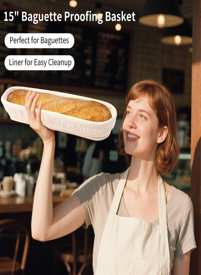 ifory Banneton Bread Proofing Basket - 15 Inch Baguette Sourdough Bread Basket with Liner - Set of 2- Natural Rattan - Image 2