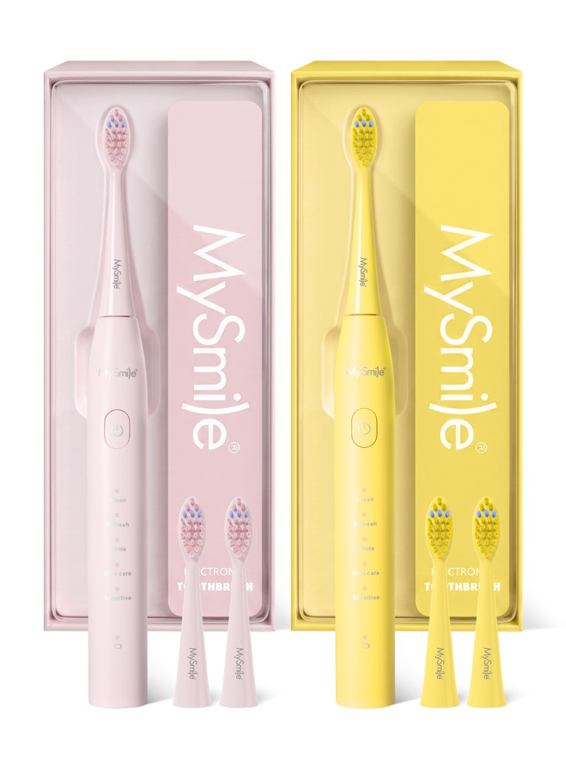 ماي سمايل فرشاة أسنان كهربائية MySmile DY156 للبالغين، قابلة لإعادة الشحن، فرشاة صوتية بالبطارية محمولة مع 3 رؤوس فرشاة، 2 دقيقة، 5 أوضاع، مؤقت ذكي، 45000 نبضة في الدقيقة، شحنة واحدة لمدة 60 يومًا (وردي، متوسط) & فرشاة أسنان كهربائية MySmile DY156 للبالغين، قابلة لإعادة الشحن ومحمولة، فرشاة صوتية مع 3 رؤوس فرشاة، مؤقت ذكي لمدة دقيقتين و5 أوضاع، 45000 دورة في الدقيقة، شحنة واحدة تستمر 60 يومًا (أصفر، حجم متوسط) مجموعة - Image 1