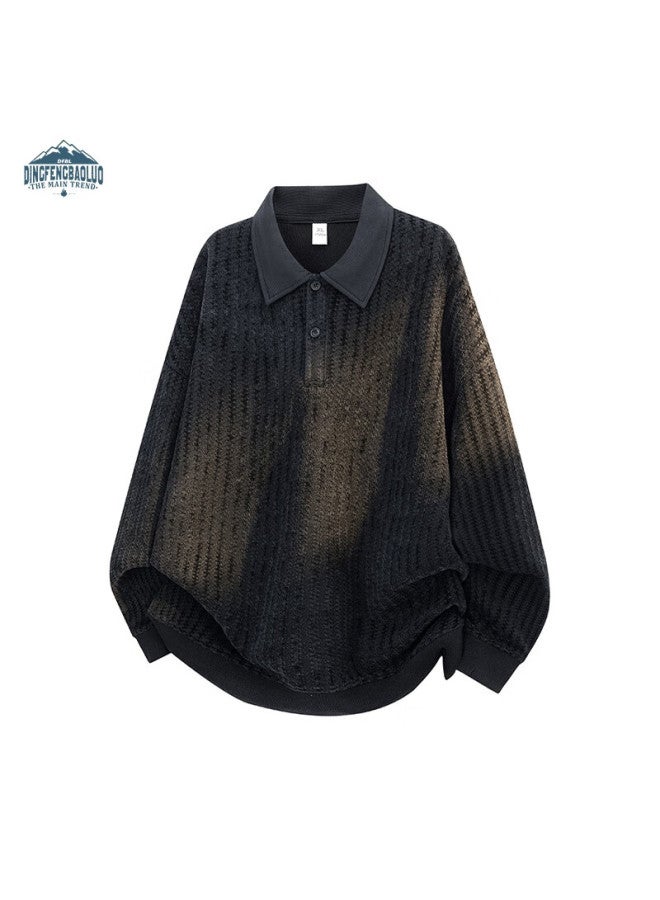 Dingfengbaoluo American Style Casual Lazy Hoodie Men Autumn Colorblock Herringbone Collar Long Sleeve Top Xwh60 Black S - Image 1