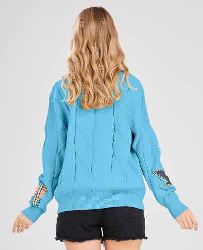 ebossy Women's Cable Knit Long Sleeve Open Front Cardigan Sheep V-Neck Button Down Embroidery Wool Blend Sweater Coat Outwear (L,Blue) - Image 3