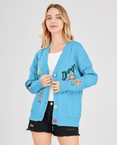 ebossy Women's Cable Knit Long Sleeve Open Front Cardigan Sheep V-Neck Button Down Embroidery Wool Blend Sweater Coat Outwear (L,Blue) - Image 4