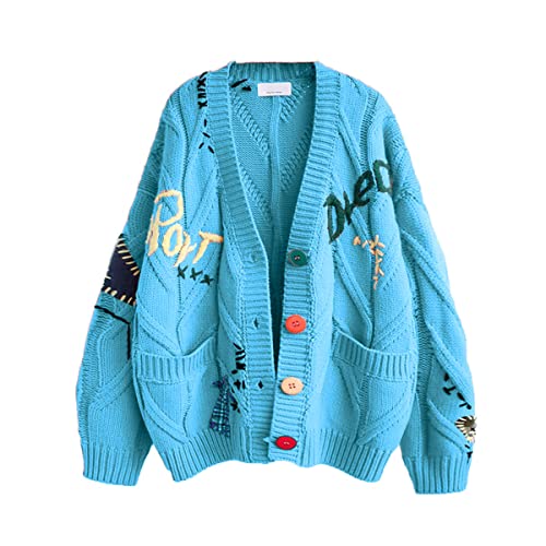 ebossy Women's Cable Knit Long Sleeve Open Front Cardigan Sheep V-Neck Button Down Embroidery Wool Blend Sweater Coat Outwear (L,Blue) - Image 5