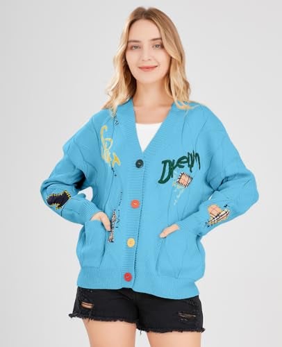 ebossy Women's Cable Knit Long Sleeve Open Front Cardigan Sheep V-Neck Button Down Embroidery Wool Blend Sweater Coat Outwear (L,Blue) - Image 2