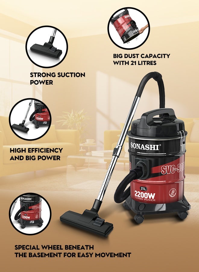 Sonashi Vacuum Cleaner 2200W | 21L Dust Capacity with Multi-Stage Filtration | Strong 23KPA Suction Power & Super Low Noise | Blow Function, Dust Full Indicator & Telescopic Tube | Easy Movement with Basement Wheels | SVC-9008D Red 21 L 2200 W SVC-9008D red - Image 3