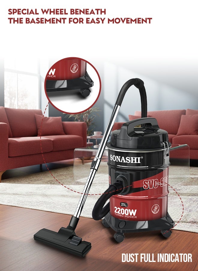 Sonashi Vacuum Cleaner 2200W | 21L Dust Capacity with Multi-Stage Filtration | Strong 23KPA Suction Power & Super Low Noise | Blow Function, Dust Full Indicator & Telescopic Tube | Easy Movement with Basement Wheels | SVC-9008D Red 21 L 2200 W SVC-9008D red - Image 2