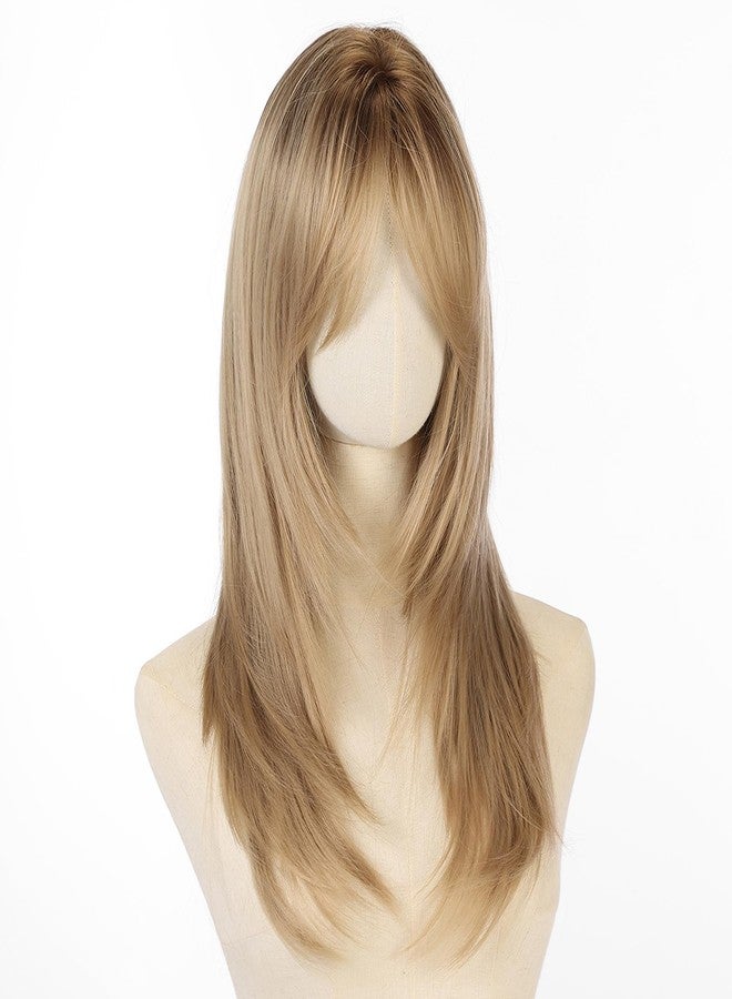 Allbell Dark Blonde Wig for Women Long Straight Layered Wigs with Curtain Bangs Natural Looking Synthetic Hair Wig for Daily Cosplay Use - Image 5