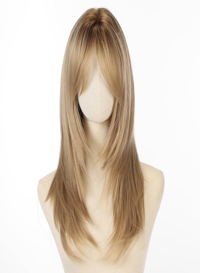 Allbell Dark Blonde Wig for Women Long Straight Layered Wigs with Curtain Bangs Natural Looking Synthetic Hair Wig for Daily Cosplay Use - Image 2