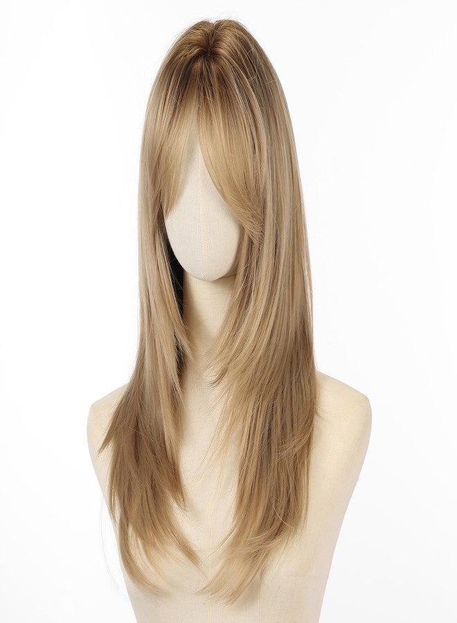Allbell Dark Blonde Wig for Women Long Straight Layered Wigs with Curtain Bangs Natural Looking Synthetic Hair Wig for Daily Cosplay Use - Image 4