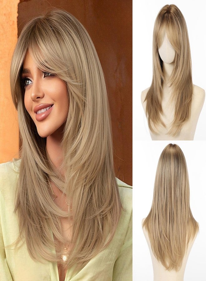 Allbell Dark Blonde Wig for Women Long Straight Layered Wigs with Curtain Bangs Natural Looking Synthetic Hair Wig for Daily Cosplay Use - Image 1