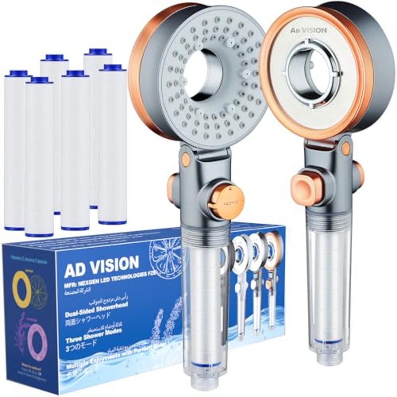 رأس دش عالي الضغط مفلتر من AD-VISION يزيل الكلور، للمياه الصلبة وتساقط الشعر، 3 أوضاع مع Adj. حزمة عائلية مزدوجة الجوانب لإيقاف التدفق - ذهبي وردي - Image 1