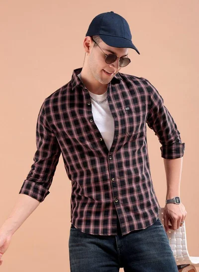 The Indian Garage Co Men Slim Fit Checkered Full Sleeves Spread Collar Casual Shirt