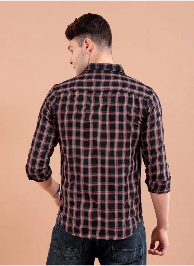شركة المرآب الهندية Men Slim Fit Checkered Full Sleeves Spread Collar Casual Shirt