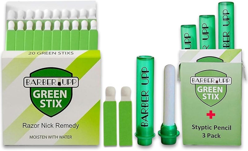 باربيروب مجموعة Green Stix + قلم ستايبتك - ملحقات كبريتات الألومنيوم المضادة للنزيف لجروح الحلاقة، قطع الشفرة، تقرحات الفم - إيقاف النزيف بسرعة - للرجال والنساء، 3 أقلام و20 عودًا - Image 2