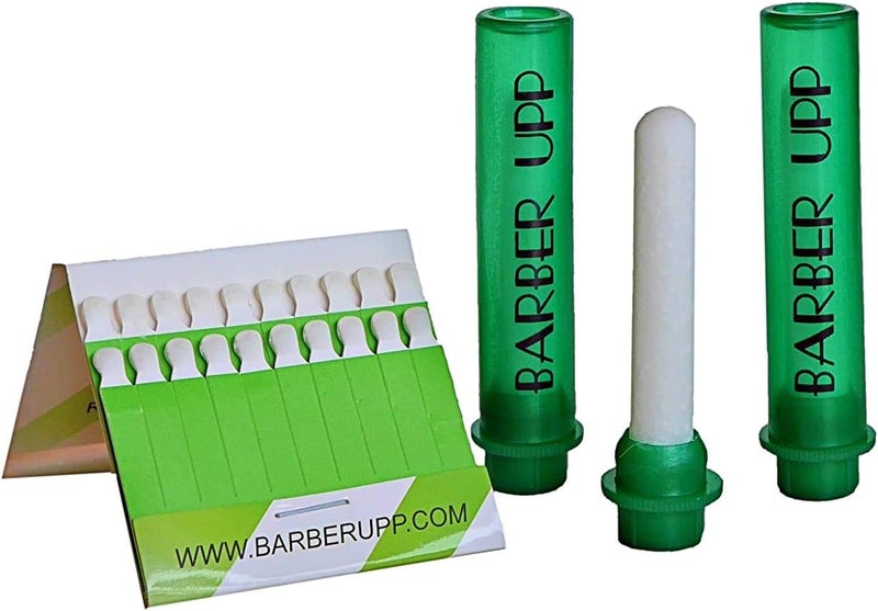 باربيروب مجموعة Green Stix + قلم ستايبتك - ملحقات كبريتات الألومنيوم المضادة للنزيف لجروح الحلاقة، قطع الشفرة، تقرحات الفم - إيقاف النزيف بسرعة - للرجال والنساء، 3 أقلام و20 عودًا - Image 3