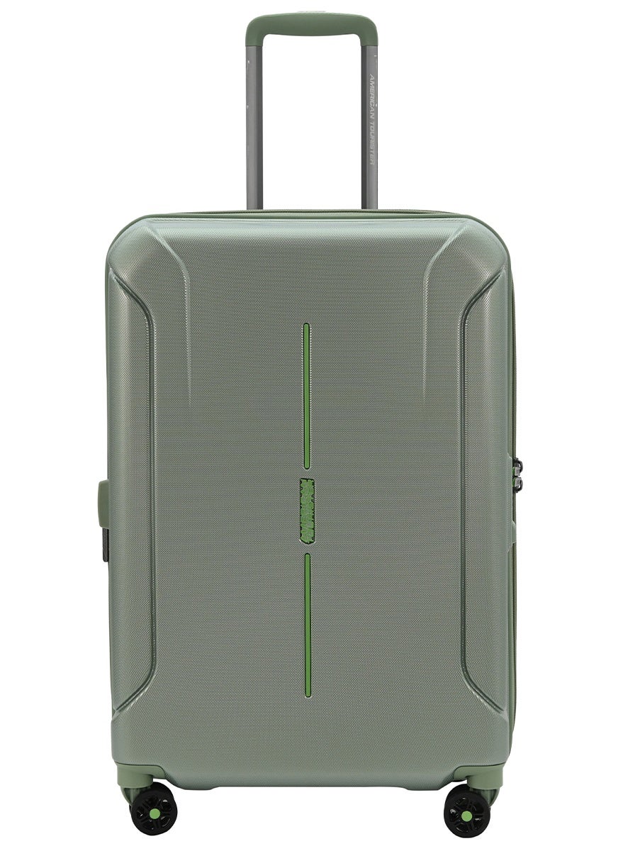 Technum Suitcase, Check-In Size 68 cm / 25 inch, 4 Spinner Wheels, Hard Top, Polycarbonate, Urban Green|DuoSaf™ Security Zipper|Dual Tube Pull Handle|Expandable|TSA Lock - 3 Years International Warranty