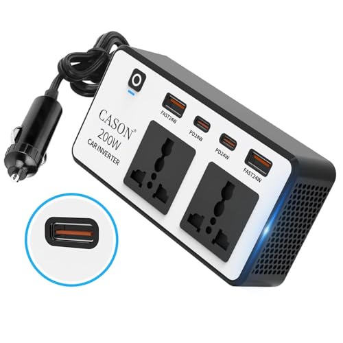 Cason -200W Car Inverter 12V to 220V, QC3.0 Fast Charging Car Laptop Charger, Power Inverter with 2 USB (3.1A Max) + 2 Type-C (24W PD),Car Socket to Plug Adapter(Black,White) - Image 1