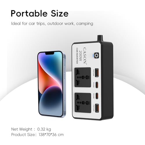 Cason -200W Car Inverter 12V to 220V, QC3.0 Fast Charging Car Laptop Charger, Power Inverter with 2 USB (3.1A Max) + 2 Type-C (24W PD),Car Socket to Plug Adapter(Black,White) - Image 4