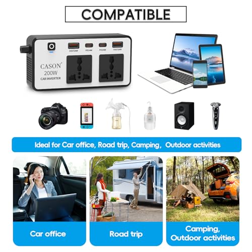 Cason -200W Car Inverter 12V to 220V, QC3.0 Fast Charging Car Laptop Charger, Power Inverter with 2 USB (3.1A Max) + 2 Type-C (24W PD),Car Socket to Plug Adapter(Black,White) - Image 5