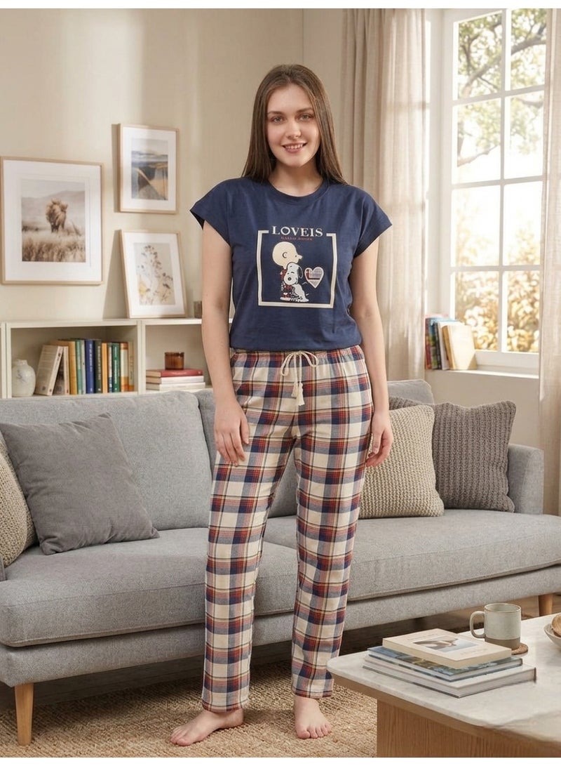 Women's Snoopy 2-Piece Cotton Pajama Set with 'Love Is' Graphic Top and Plaid Checkered Pants, Navy Blue/Multicolor - Image 2