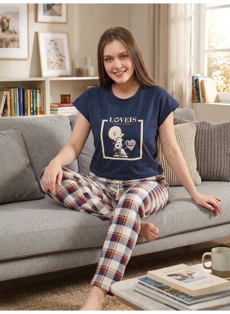 Women's Snoopy 2-Piece Cotton Pajama Set with 'Love Is' Graphic Top and Plaid Checkered Pants, Navy Blue/Multicolor - Image 1