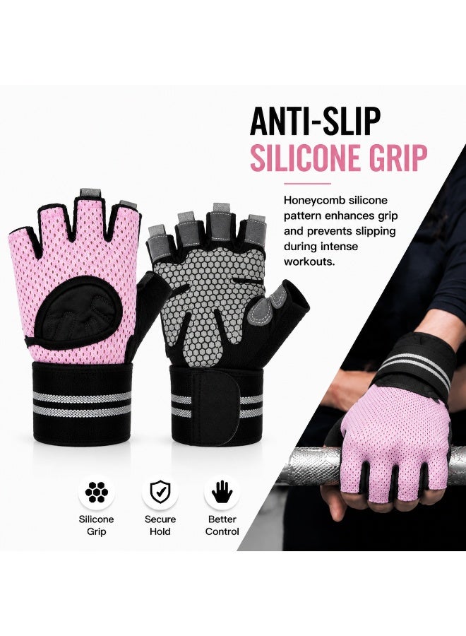 Hirospace Half Finger Weight Lifting Gloves with Adjustable Wrist Support, Breathable Workout Gloves with Anti-Slip Silicone Grip and Padded Palm Protection, Gym Training Gloves for Women, Pink - Image 4