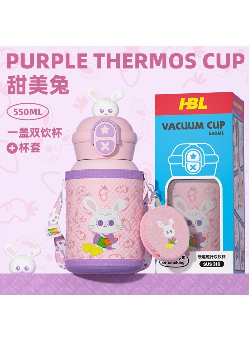 New Dual-Use Kids Thermos 316 Stainless Steel Cartoon Straw Cup Pink Rabbit Cup Set Cloth Bag Gift Box 