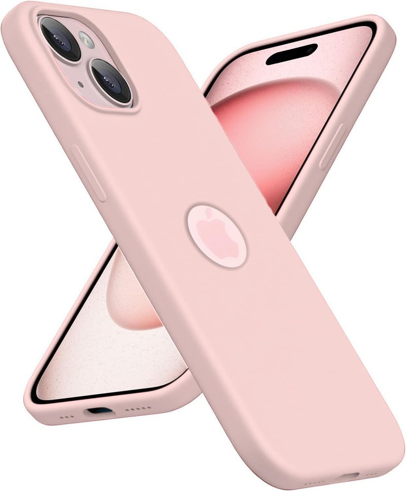 Elzzi Microfiber Logo Cut Cover Compatible For iPhone 15 Case Liquid Silicone Case Non-Slip Full Body 4 Layer Protective Covers Shockproof Back Cover With High Raised Camera Lips (6.1 inch, Sand Pink) - Image 1