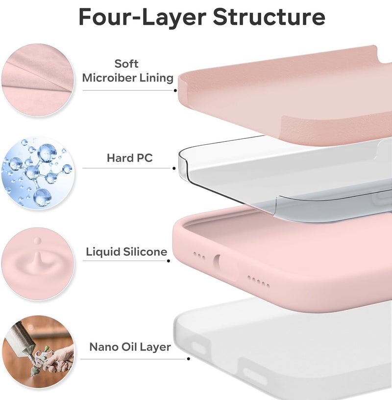 Elzzi Microfiber Logo Cut Cover Compatible For iPhone 15 Case Liquid Silicone Case Non-Slip Full Body 4 Layer Protective Covers Shockproof Back Cover With High Raised Camera Lips (6.1 inch, Sand Pink) - Image 5