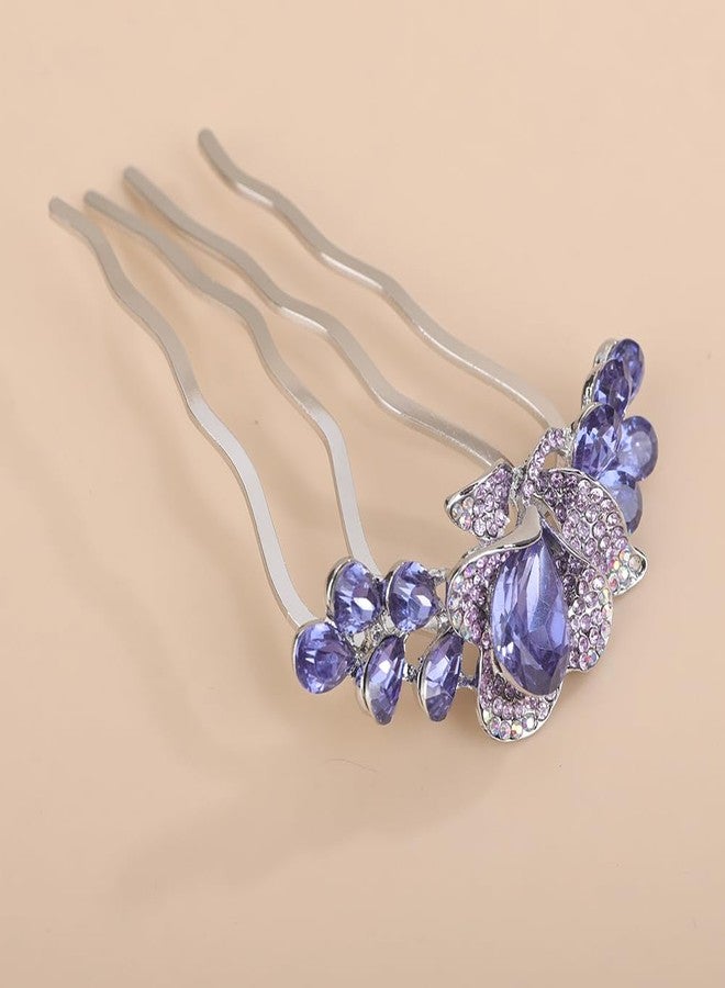Chargances Flower Inlaid Rhinestones Hair Comb Wedding Blue Crystal Hair Side Combs Long Teeth Slide Hairpins Barrettes Hair Accessories for Women - Image 2