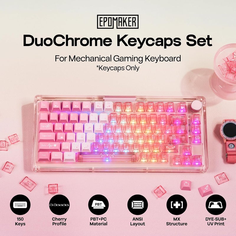 EPOMAKER DuoChrome Keycaps Set, 150 Keys, Cherry Profile, Shine Through, PBT+PC, Dye-sub, 65%/75%/TKL/96%/Full Size, Custom Keyboard Keycaps Set for Mechanical Gaming Keyboard (Pink) - Image 2
