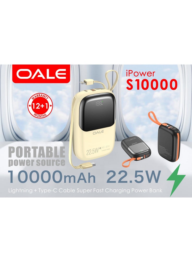 OALE iPower S10000 Portable Power Bank 10000mAh 22.5W Fast Charging with Integrated Lightning & Type-C Cables - Image 1