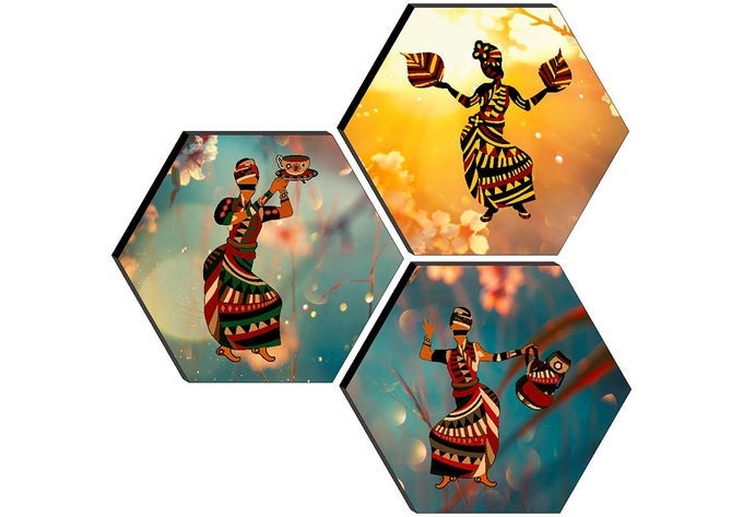 SET OF 3 HEXAGON MODERN ART DANCING MDF BOARD UV TEXTURED PAINTING 17 INCH X 17 INCH SANFHXS30542