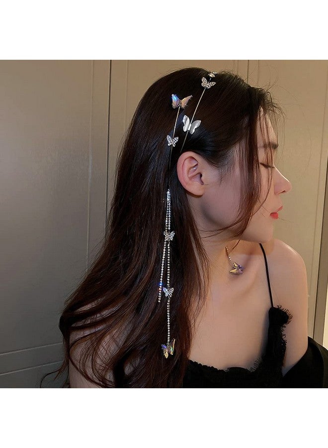 DonLeeving Silver Wedding Butterfly Headband Crystal Tassel Headband for Women Sparkly Rhinestone Fake Earrings Hair Chain Hairhoop Hair Accessories for Women and Girls - Image 5