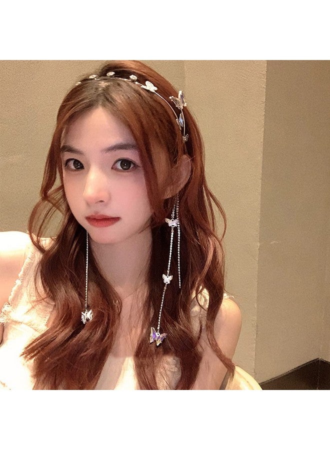 DonLeeving Silver Wedding Butterfly Headband Crystal Tassel Headband for Women Sparkly Rhinestone Fake Earrings Hair Chain Hairhoop Hair Accessories for Women and Girls - Image 4