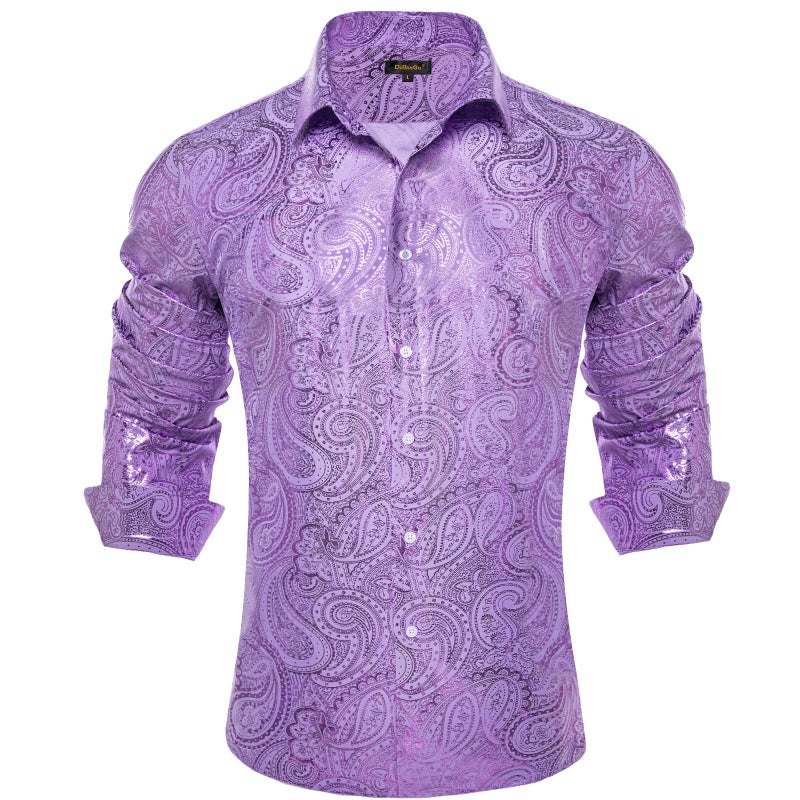 DiBanGu Mens Paisley Dress Shirt Luxury Printed Long Sleeve Button Down Shirts Regular Fit Shiny Shirts for Wedding Prom Lilac XLarge