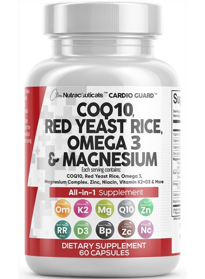 Clean Nutraceuticals كو إنزيم كيو 10 200 ملغ أرز الخميرة الحمراء 3000 ملغ أوميغا 3 3000 ملغ معقد المغنيسيوم 500 ملغ نياسين زنك فيتامين ك2 د3 - مكملات دعم صحة القلب للنساء والرجال مع فيتامين ب3، إنزيم كيو 10 - 60 قرص - Image 1