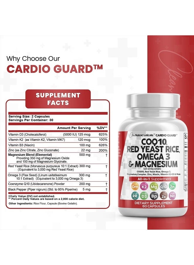 Clean Nutraceuticals كو إنزيم كيو 10 200 ملغ أرز الخميرة الحمراء 3000 ملغ أوميغا 3 3000 ملغ معقد المغنيسيوم 500 ملغ نياسين زنك فيتامين ك2 د3 - مكملات دعم صحة القلب للنساء والرجال مع فيتامين ب3، إنزيم كيو 10 - 60 قرص - Image 4