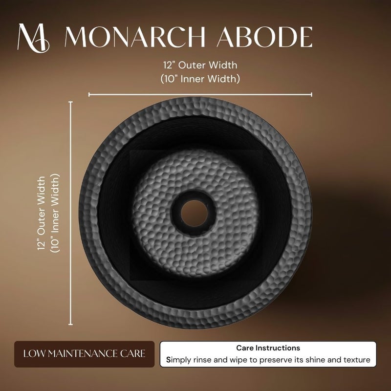 Monarch Abode 12-inch Hand Hammered Matte Black Aluminum Essex Dual Mount Drop in Bar Prep Sink, Drop in or Undermount Kitchen Sink, Single Circular Bowl - Image 2