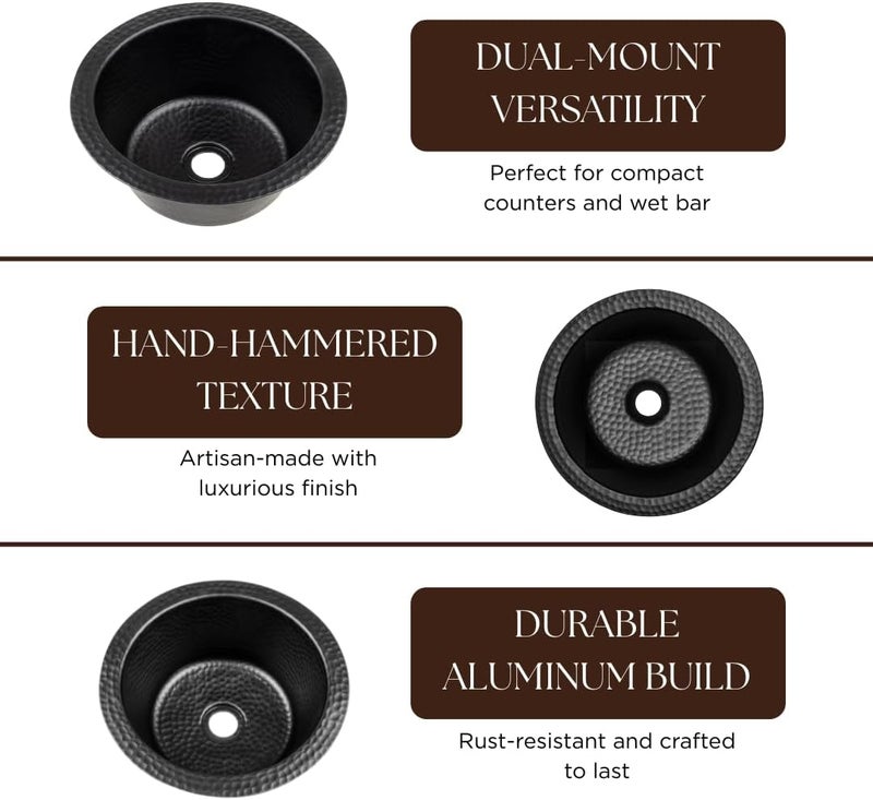 Monarch Abode 12-inch Hand Hammered Matte Black Aluminum Essex Dual Mount Drop in Bar Prep Sink, Drop in or Undermount Kitchen Sink, Single Circular Bowl - Image 4