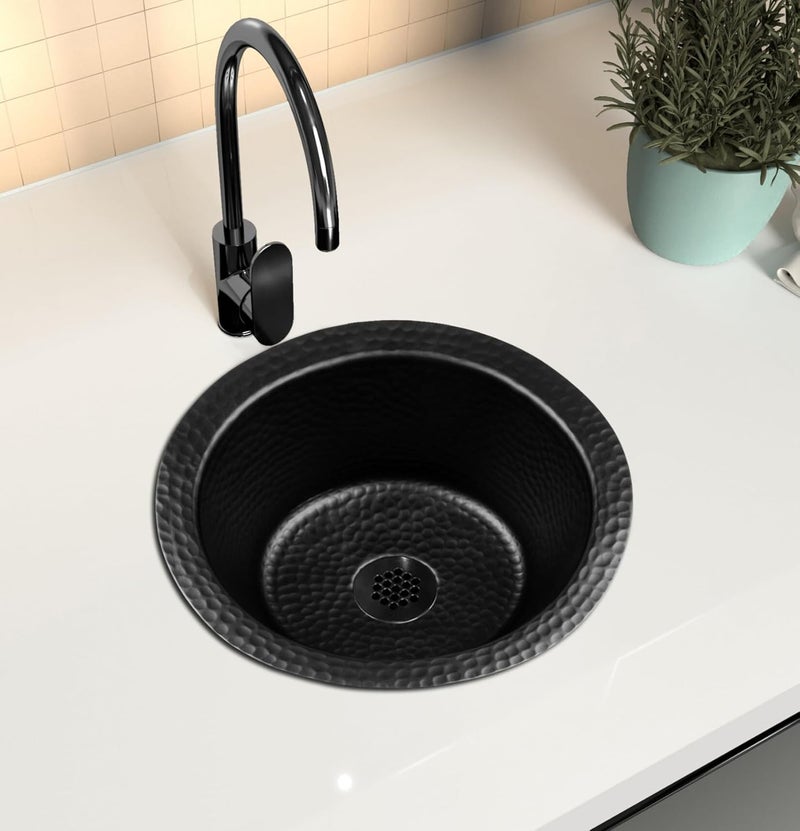 Monarch Abode 12-inch Hand Hammered Matte Black Aluminum Essex Dual Mount Drop in Bar Prep Sink, Drop in or Undermount Kitchen Sink, Single Circular Bowl - Image 3