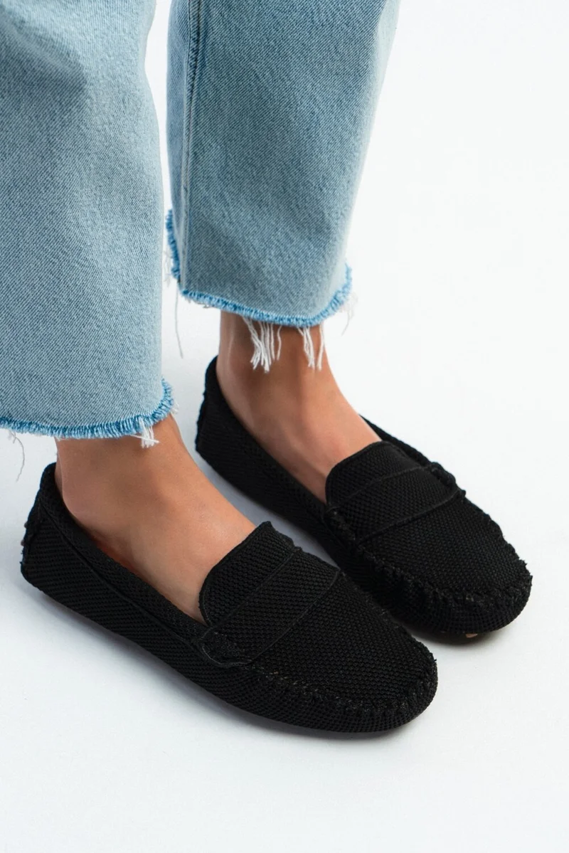Nişantaşı Shoes Astoria Black Knitwear Inner Leather Flat Sole Women's Ballerinas
