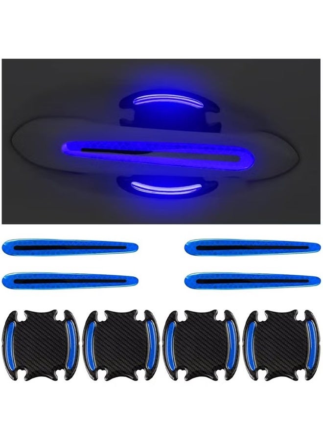 8 Pcs Car Handle Cup Protector Reflective Stickers, 3D Carbon Fiber Door Bowl Paint Scratch Protective Film, Night Visibility Door Cover Guard Strips, Warning Decals Universal for Most Cars (Blue) - Image 1