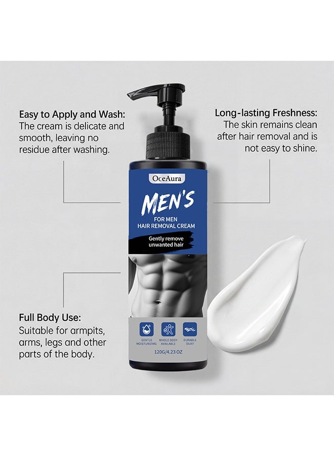 OceAura Hair Removal Cream For Men, Body Depilatory Cream, Effective Painless Flawless Depilatory Cream, Fast-Acting Body Hair Removal Cream For Arms Legs Chest, Moisturizing Soothing Painless Depilatory Cream, Soothing Depilatory For Unwanted Coarse Male Body Hair, 120g - Image 4