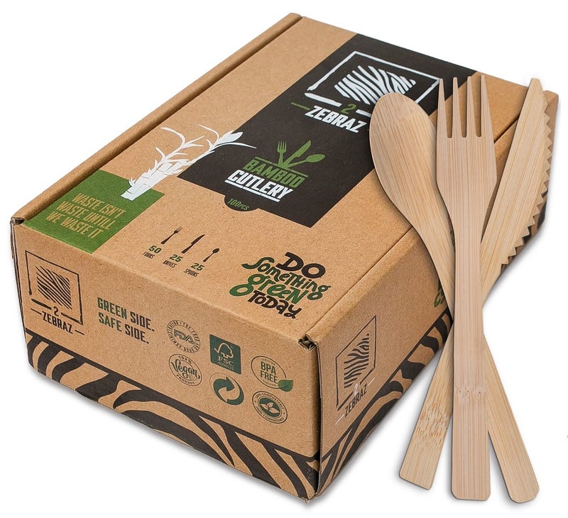2ZEBRAZ 100 Bamboo Cutlery Set of 100 pc  50 Forks 25 Knives 25 Spoons Smooth Reusable Bamboo Silverware Compostable and Durable Disposable Utensils EcoFriendly Flatware in Premium Box