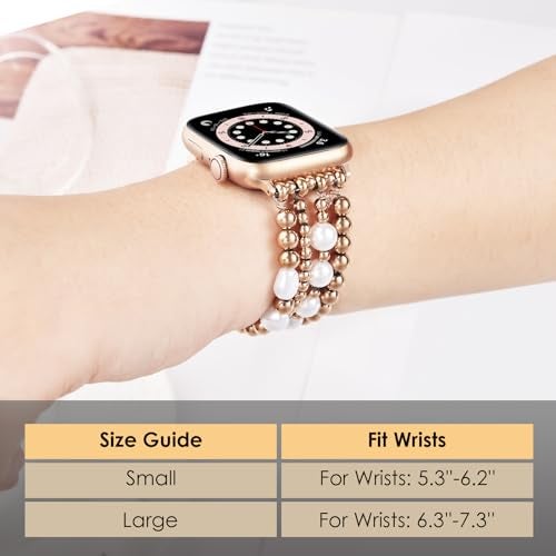 AIRSPO Gold Beaded Bracelets Compatible for Apple Watch Band 38mm 40mm 41mm 42mm 44mm 45mm Women, Fashion Handmade Dressy iPhone Watch Bands Elastic Strap for iWatch Series SE 8 7 6 5 4 3 2 1 (Rose Gold, 42mm/44mm/45mm-S(5.3"-6.2")) - Image 4